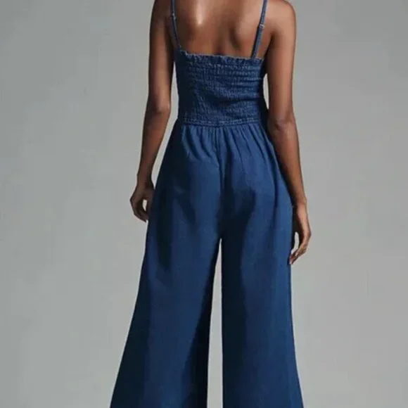 Anthropologie Pilcro Smocked Jumpsuit XXS Women Chambray Wide-Leg - Picture 2 of 5